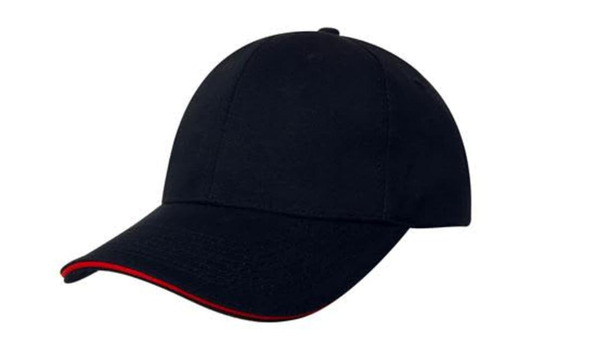 A black cap with a red sandwich trim and a logo on the front. Suitable for various outdoor activities.