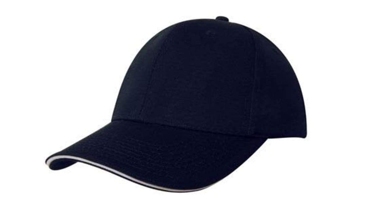 A navy cap with a sandwich trim along the peak, featuring a curve and a logo on the front.