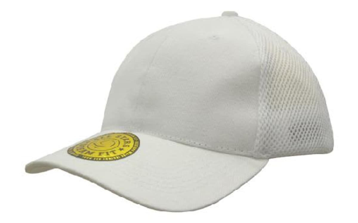 A white cap with a mesh back and a round logo on the front.