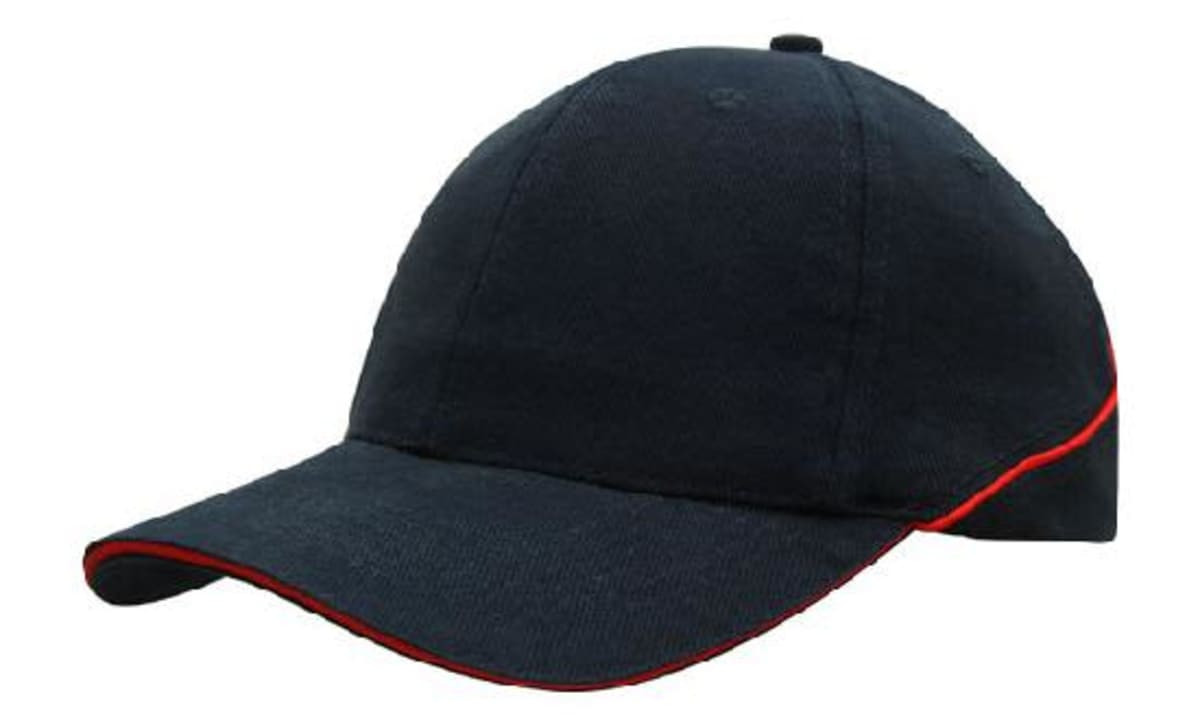 A blue cap with a red piping along the brim, featuring a logo on the front.