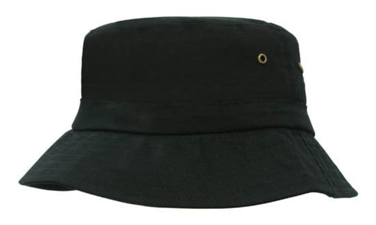 A black infants bucket hat featuring a wide brim and two ventilation holes. It has a simple design with branding.