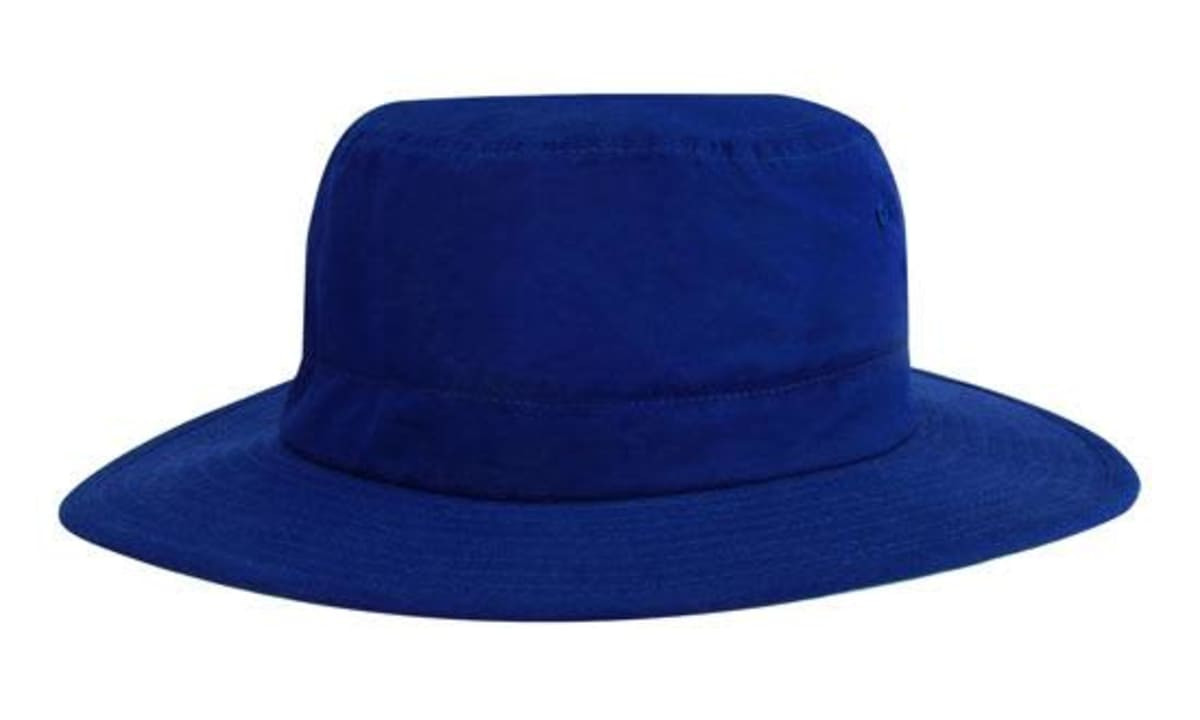 A navy blue microfibre adjustable bucket hat with a wide brim. It features a branding logo.