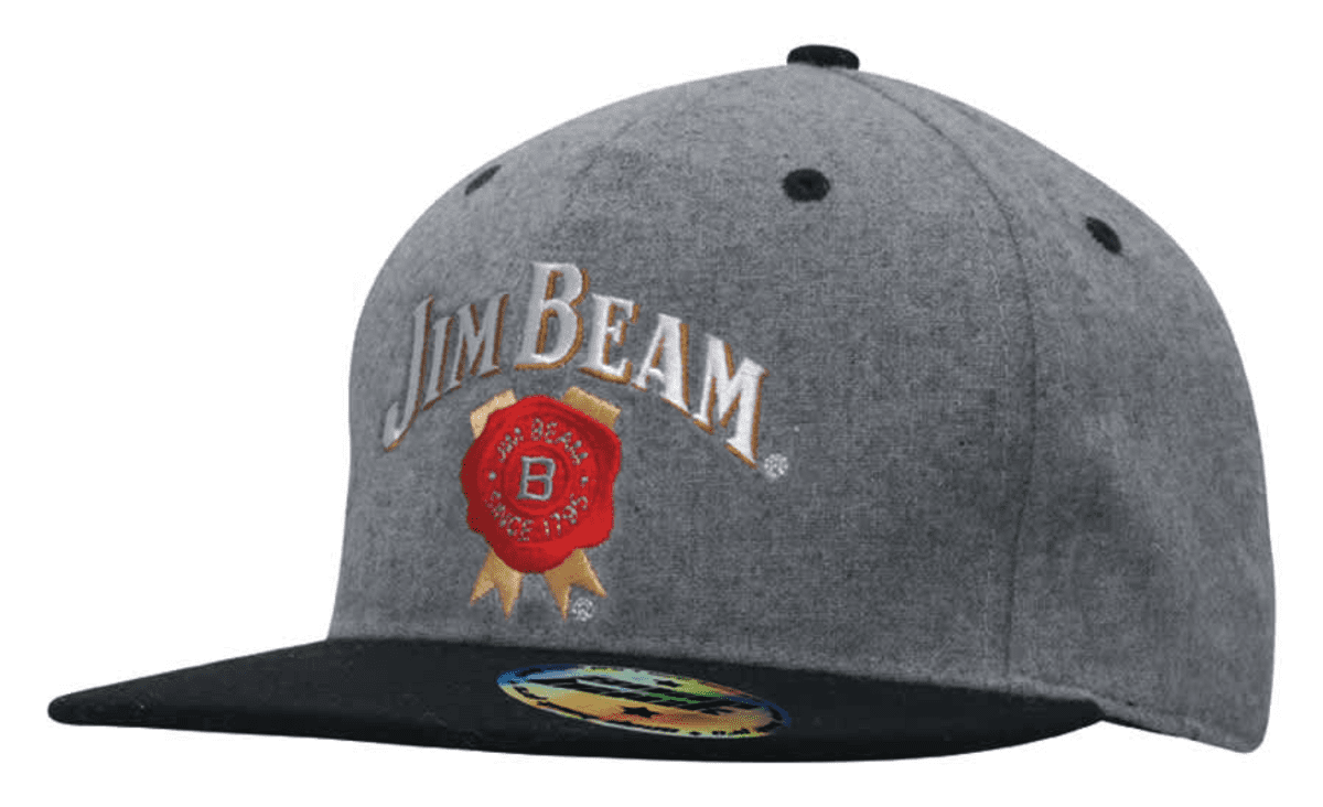 A grey marle flannel cap with a black peak and a logo on the front.