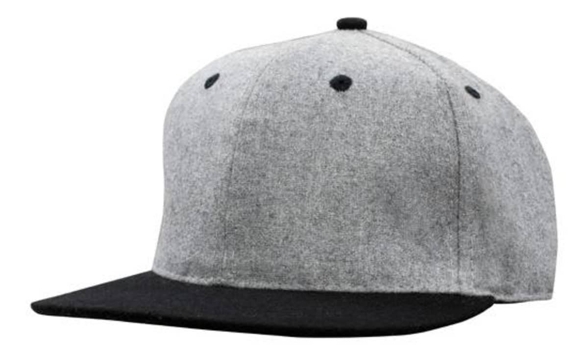 A grey marle flannel cap with a black peak and snap back styling, featuring a logo on the front.