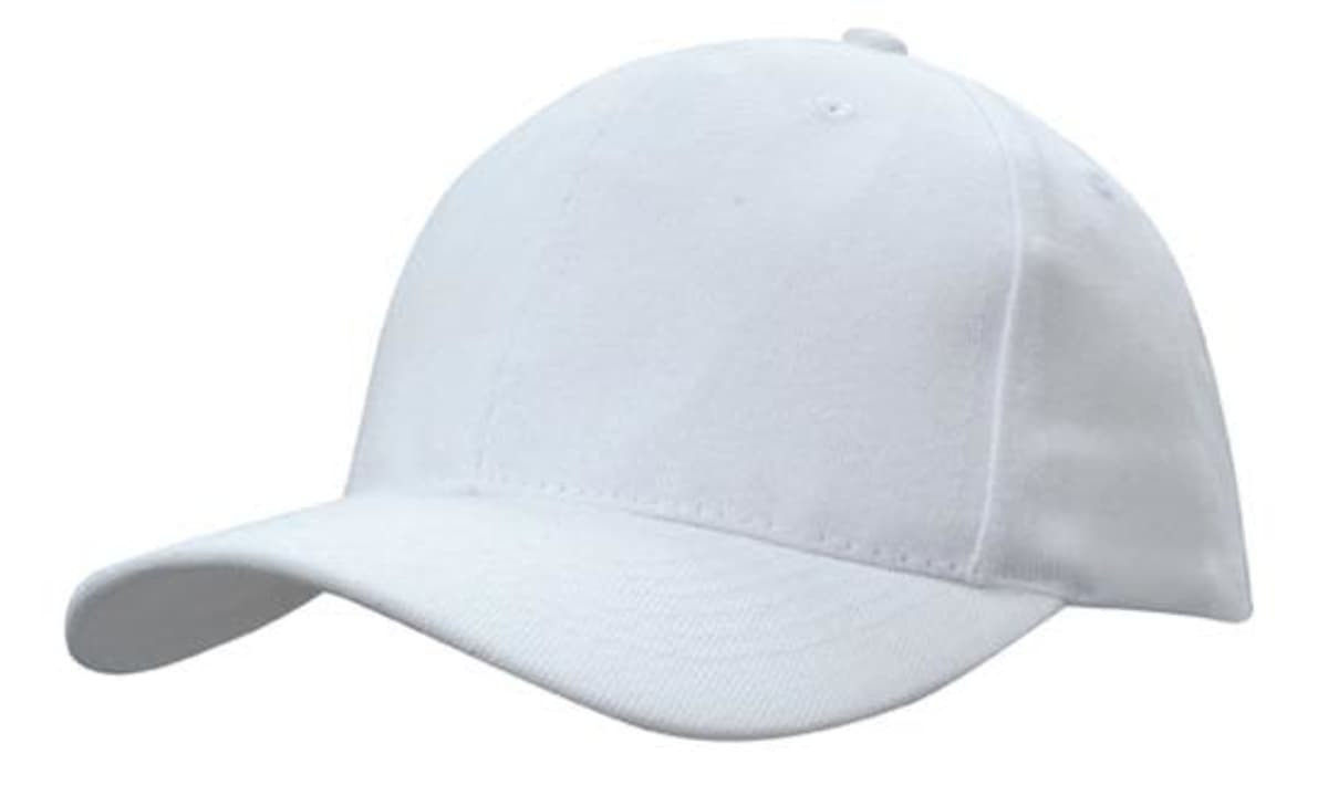 White cap featuring a structured design and adjustable snapback. It includes a logo on the front.