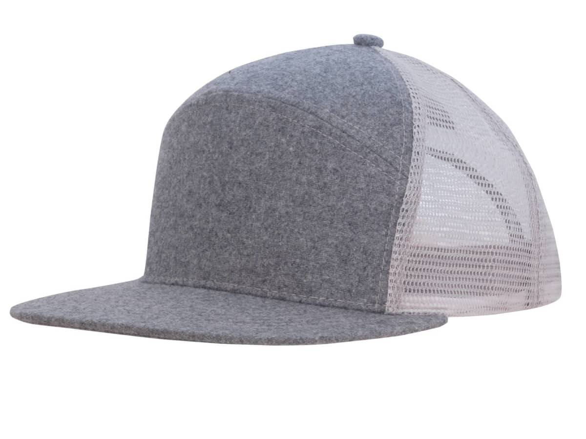 A grey A-frame cap with a mesh back and a rounded peak, featuring a logo on the front.