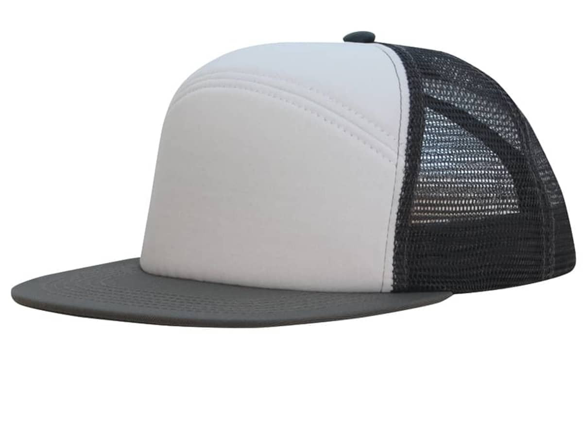 A foam front A-frame cap with a mesh back, featuring a grey brim and white front panel. It has a logo on it.