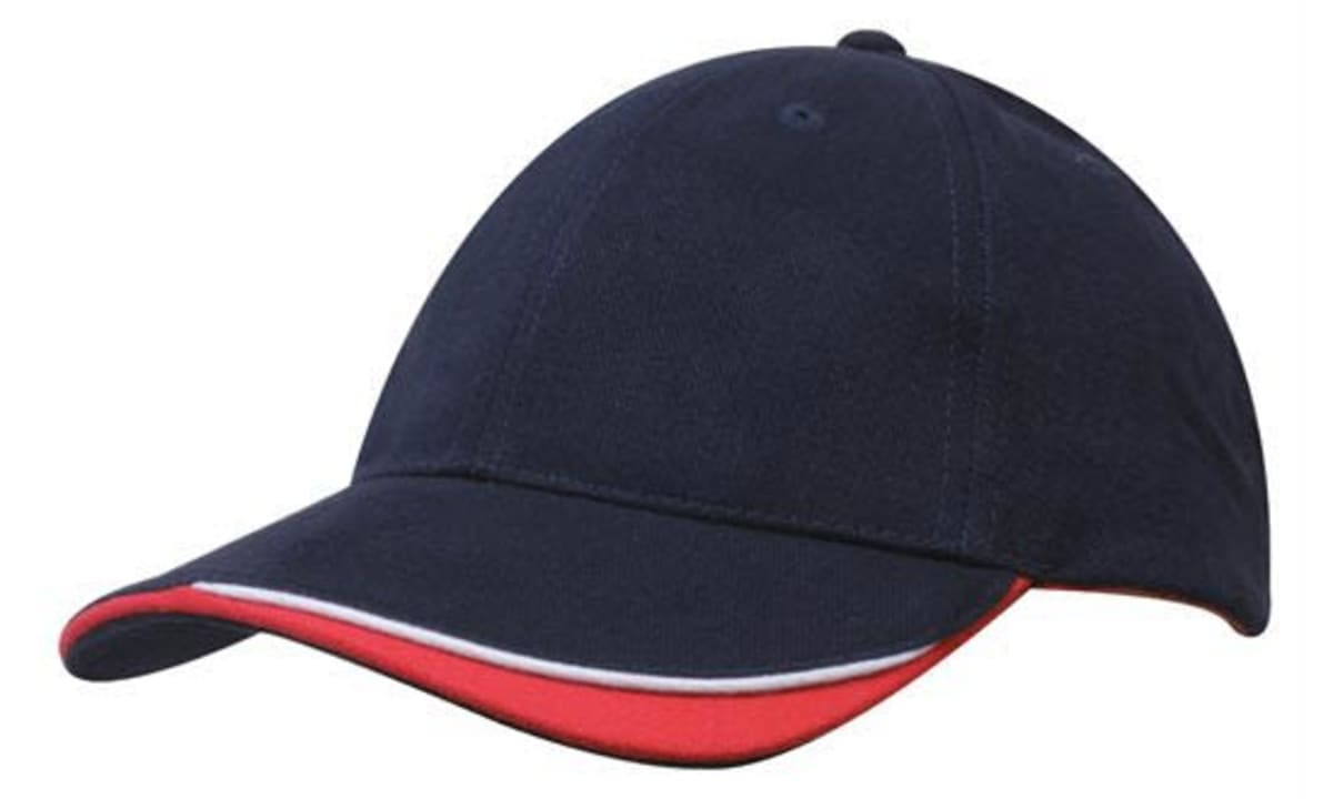 A navy cap with a red peak and white detailing, featuring a logo on the front.