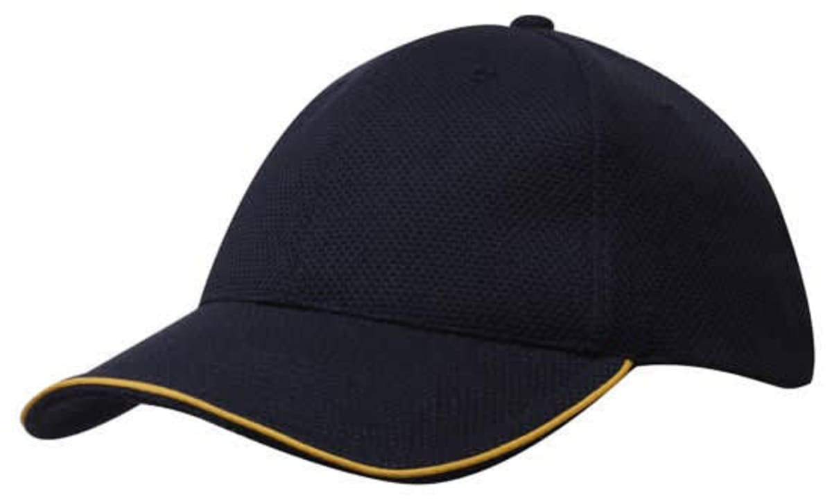 A navy cap made from double pique mesh, featuring a contrasting yellow trim and a logo on the side.