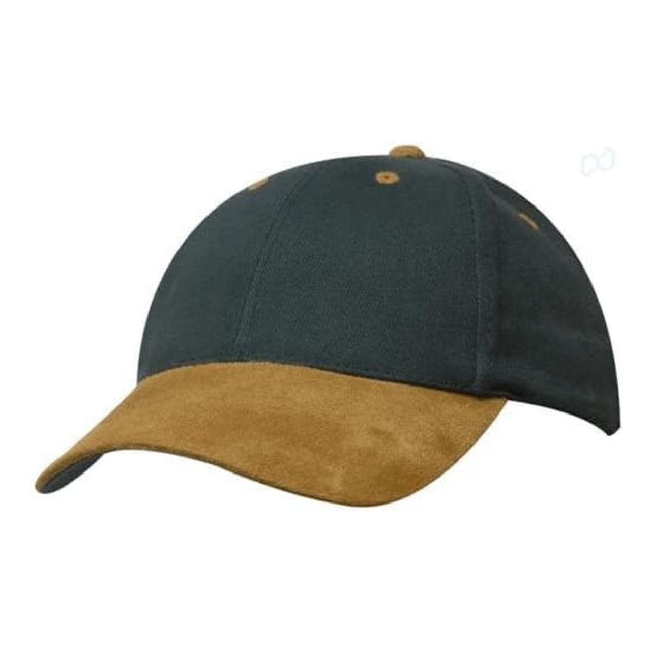A cap featuring a dark green cotton body and a tan suede peak, with a logo on the front.