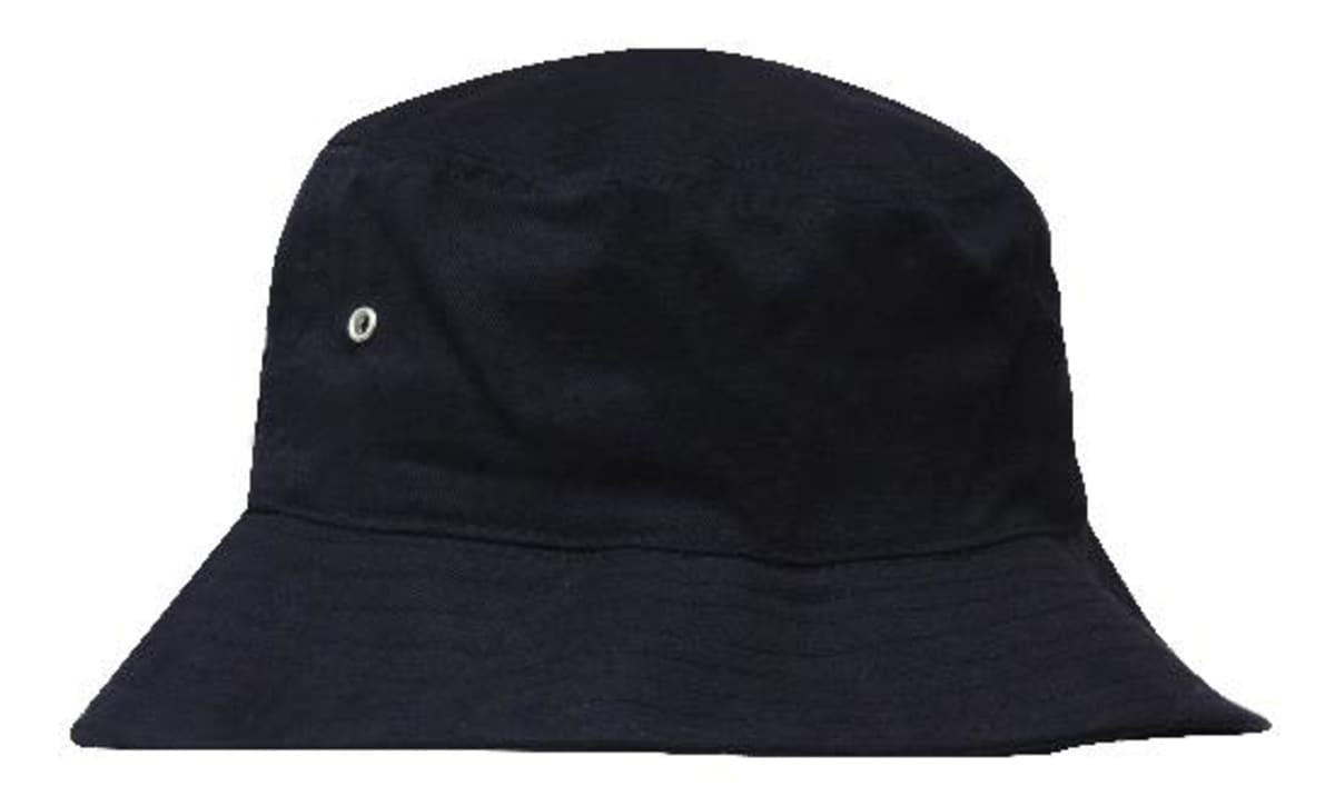 A black brushed sports twill bucket hat featuring a simple logo on the side.