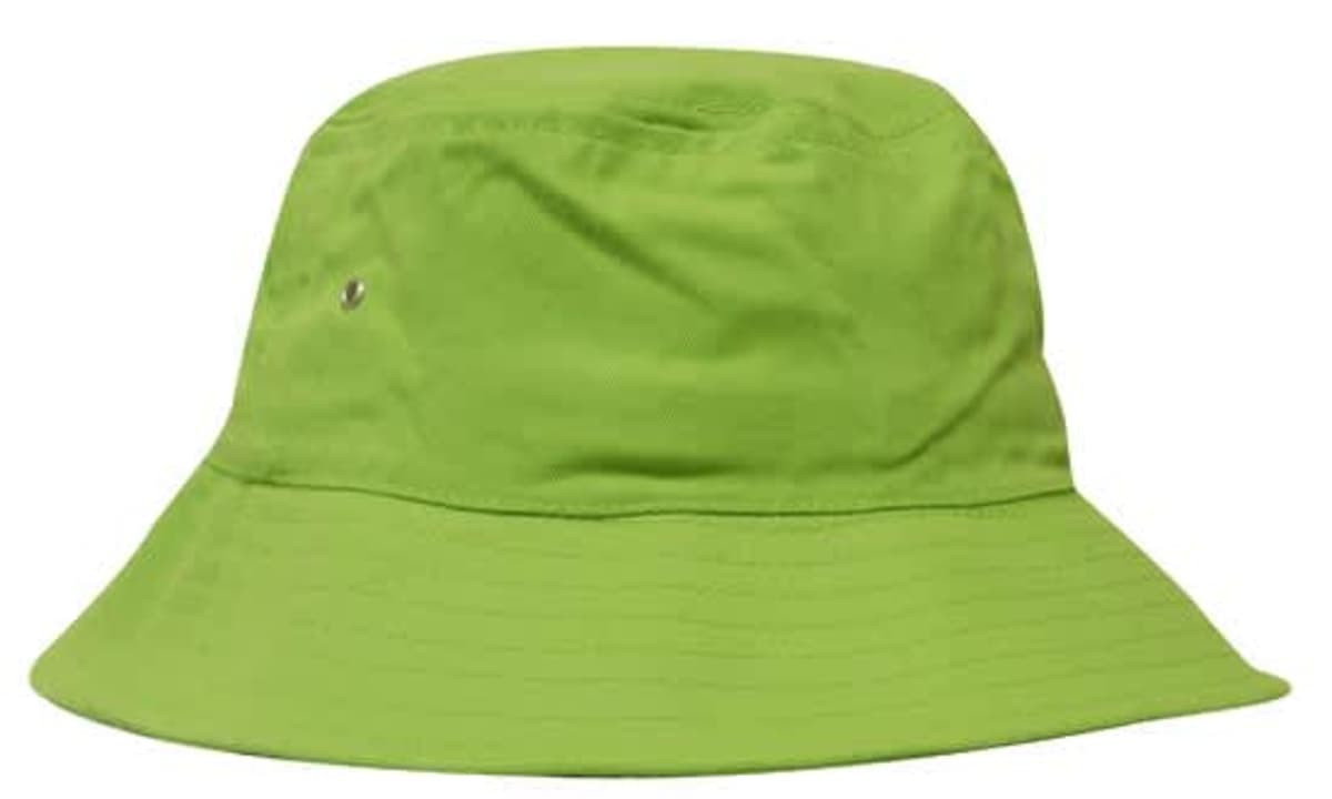 A bright green brushed sports twill bucket hat with a rounded crown and wide brim, featuring a small logo.