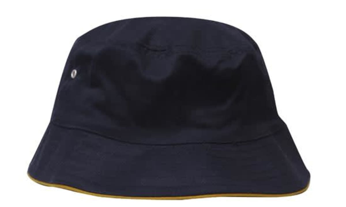 A navy blue bucket hat with a yellow trim and a small logo on the side.