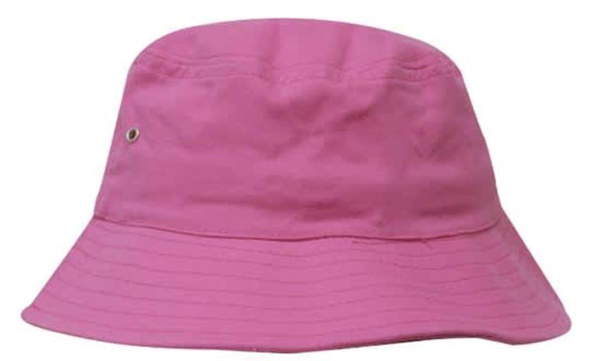 A pink Brushed Sports Twill Bucket Hat with a round crown and a wide brim, featuring a logo.