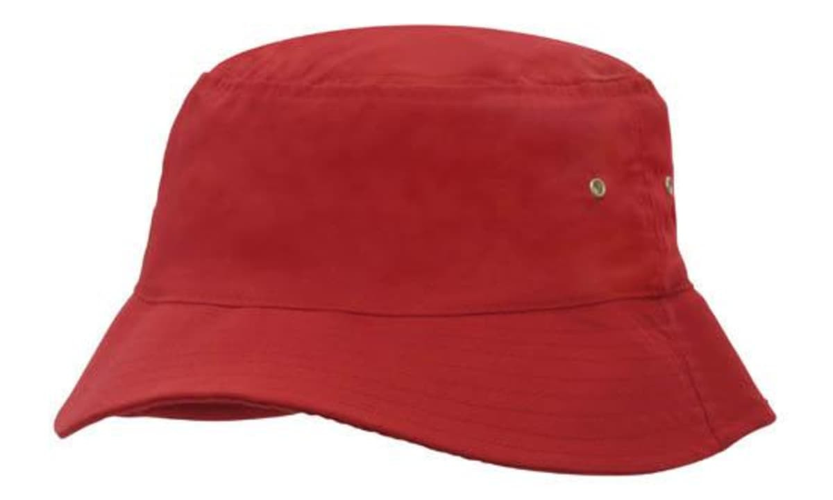 A red Brushed Sports Twill Bucket Hat with a subtle logo and a wide brim.