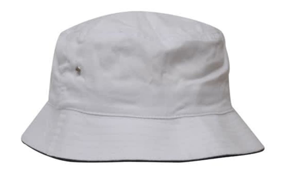 A white Brushed Sports Twill Bucket Hat with a logo, featuring a wide brim and a simple design.