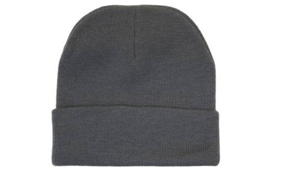 A grey acrylic beanie with a rolled cuff and a simple design, featuring a logo.