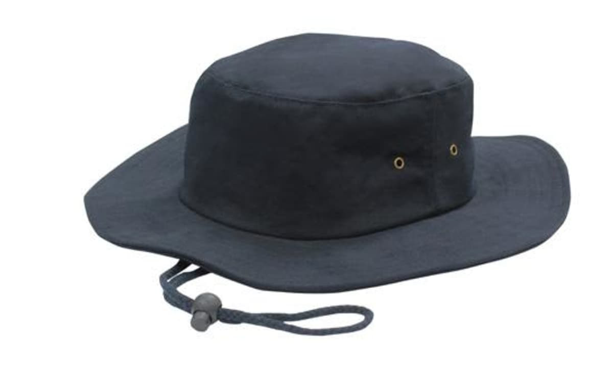 A navy brushed heavy sports twill hat with a wide brim and a toggle adjustment strap. It features metal eyelets for ventilation.