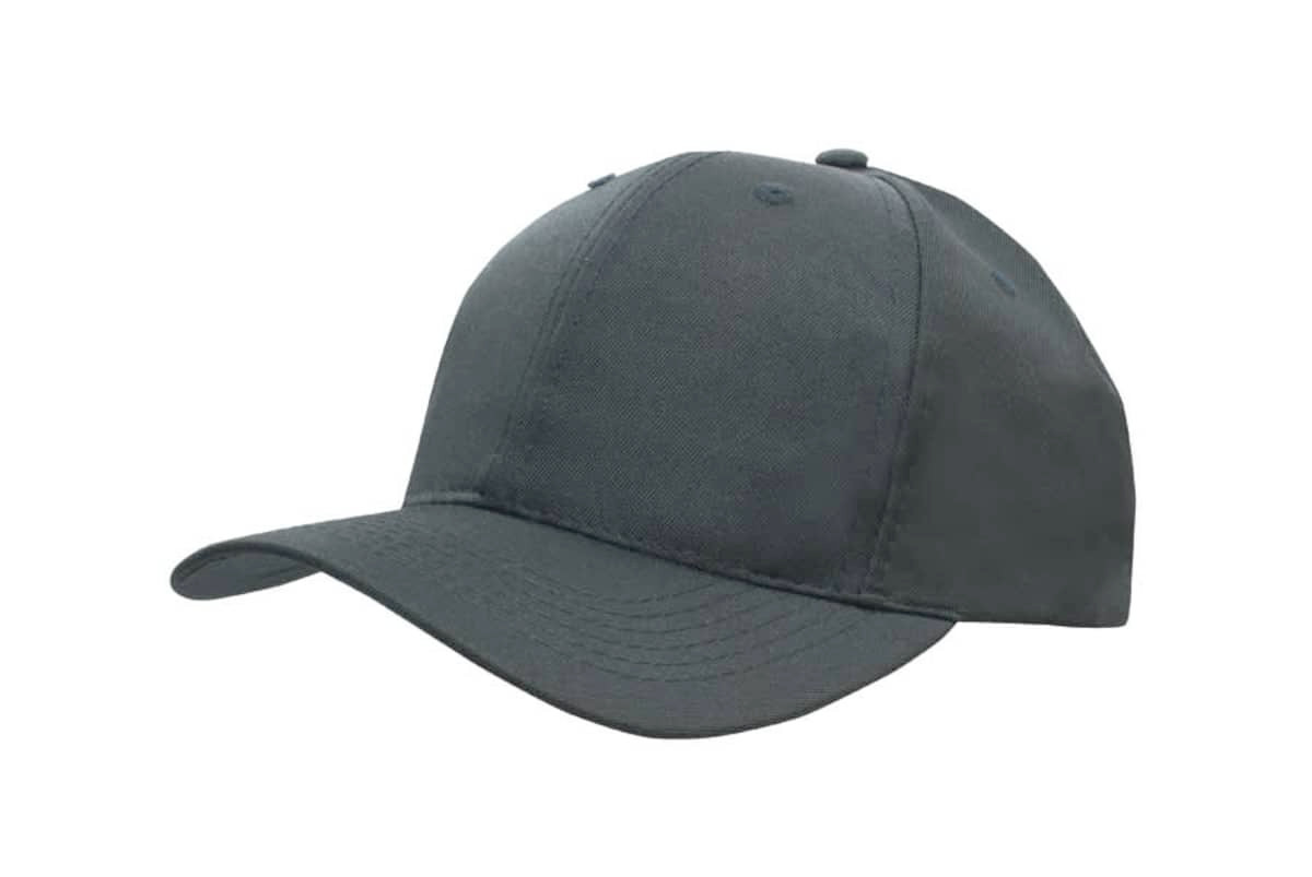 A dark grey recycled breathable poly twill cap featuring a logo on the front.