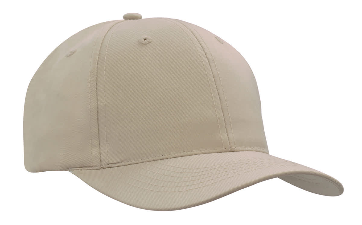 A beige cap made from recycled breathable poly twill, featuring a logo on the front.