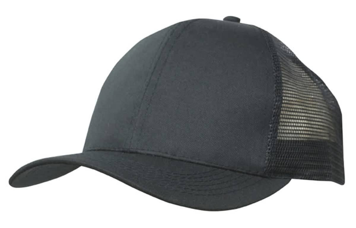 A dark grey cap with a breathable mesh back and a curved brim, featuring a logo on the front.
