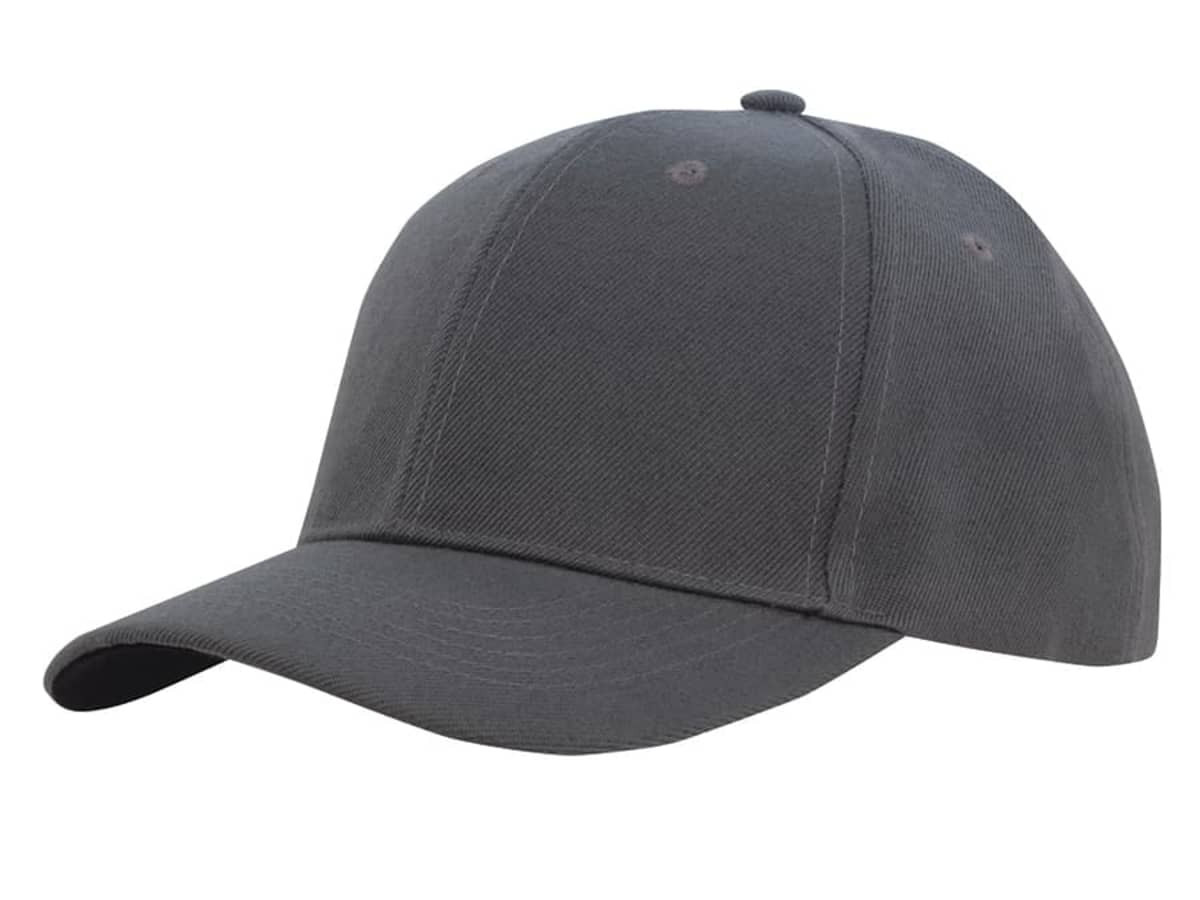 A grey twill cap with a curved brim, featuring a logo on the front.