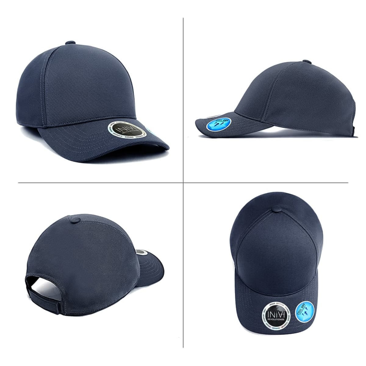 A navy blue bamboo cap featuring a front panel, curved brim, and rear strap, with a logo on the side.