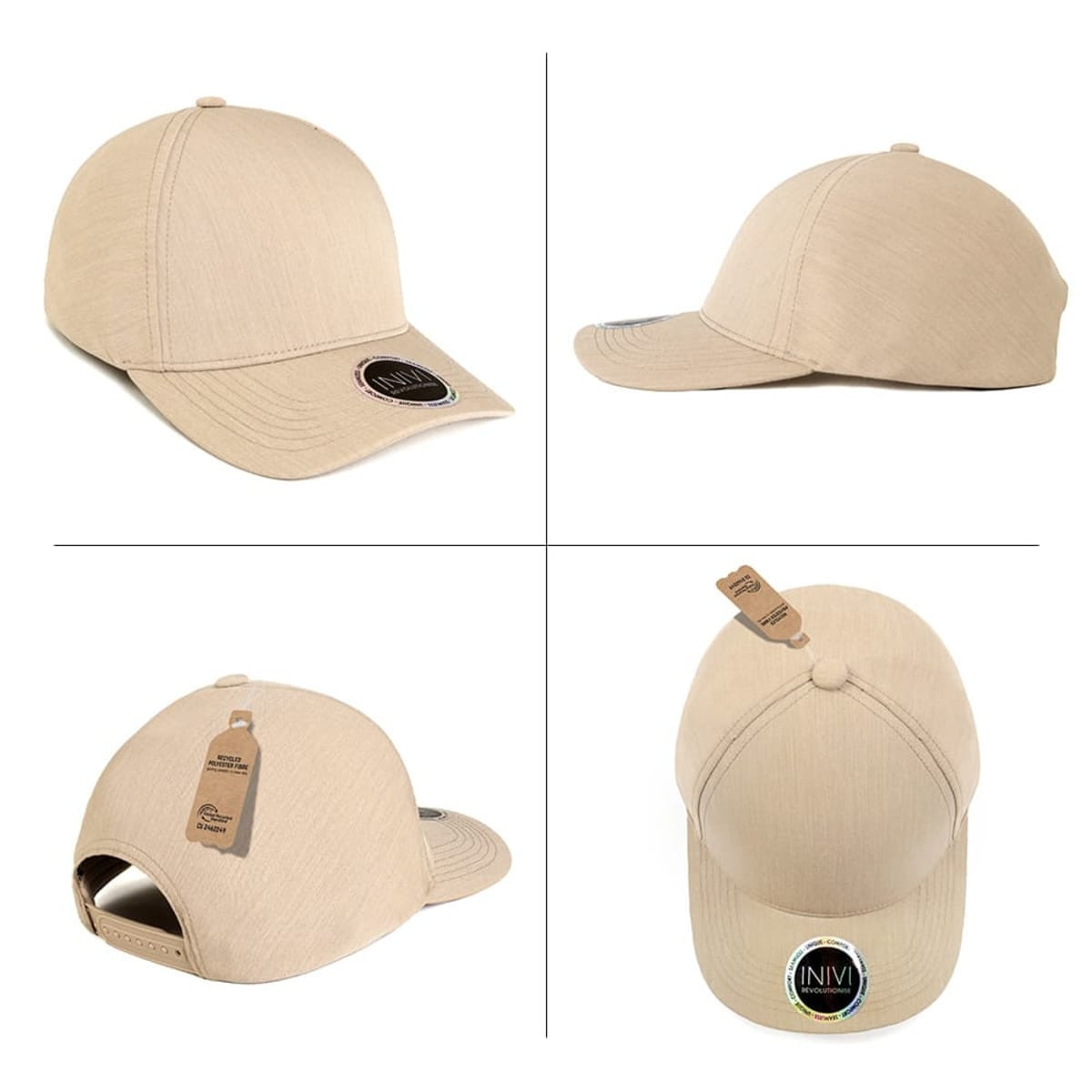 A light beige cap with a curved brim, featuring a logo and a hang tag, shown from multiple angles.