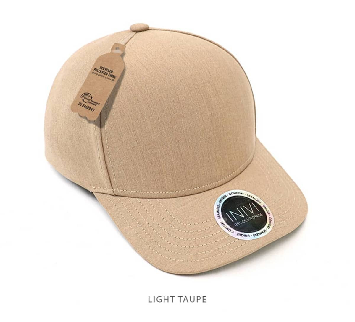 A light taupe cap made from 100% RPET, featuring a round logo and a tag attached.
