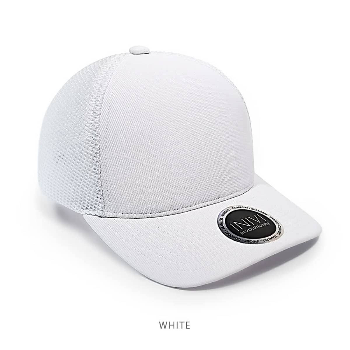 A white cap featuring a mesh design and a circular logo on the front.