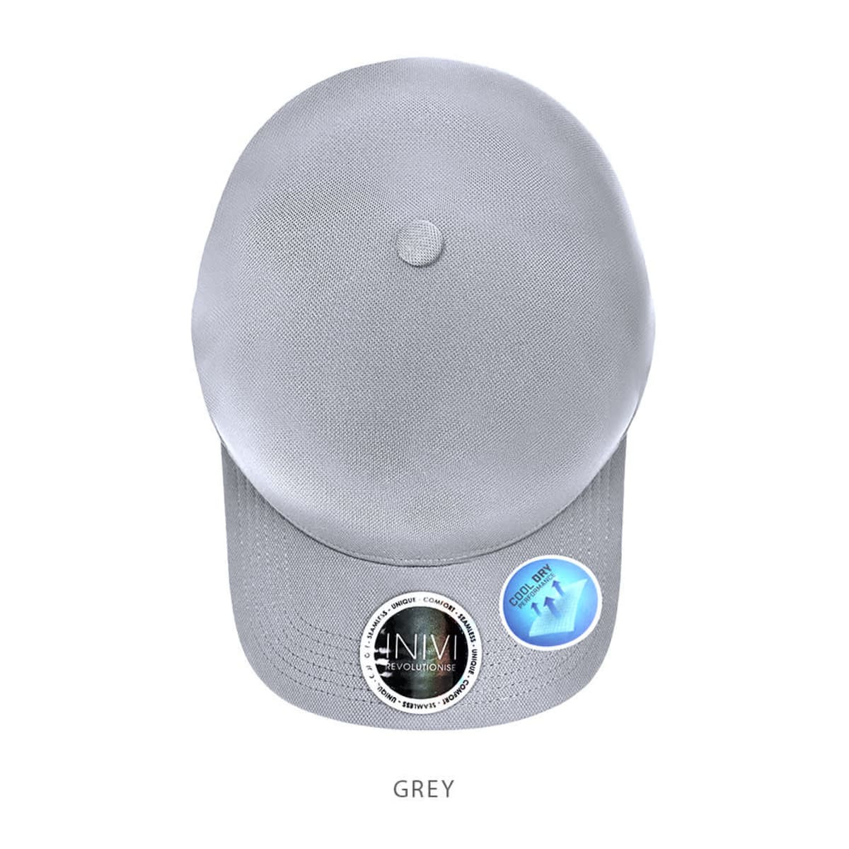 A grey cap made from 100% polyester with a smooth surface and a logo on the front.