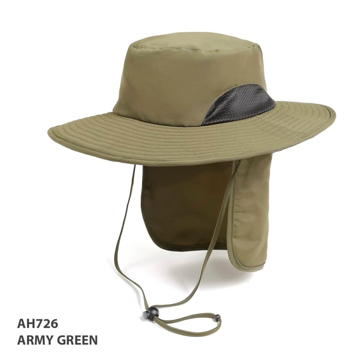 An army green outdoor hat with a wide brim and a neck flap, featuring a mesh panel and an adjustable chin strap.