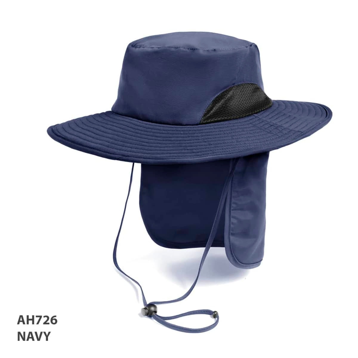 A navy outdoor hat with a wide brim, mesh panel, and neck flap, featuring a drawstring for adjustability.
