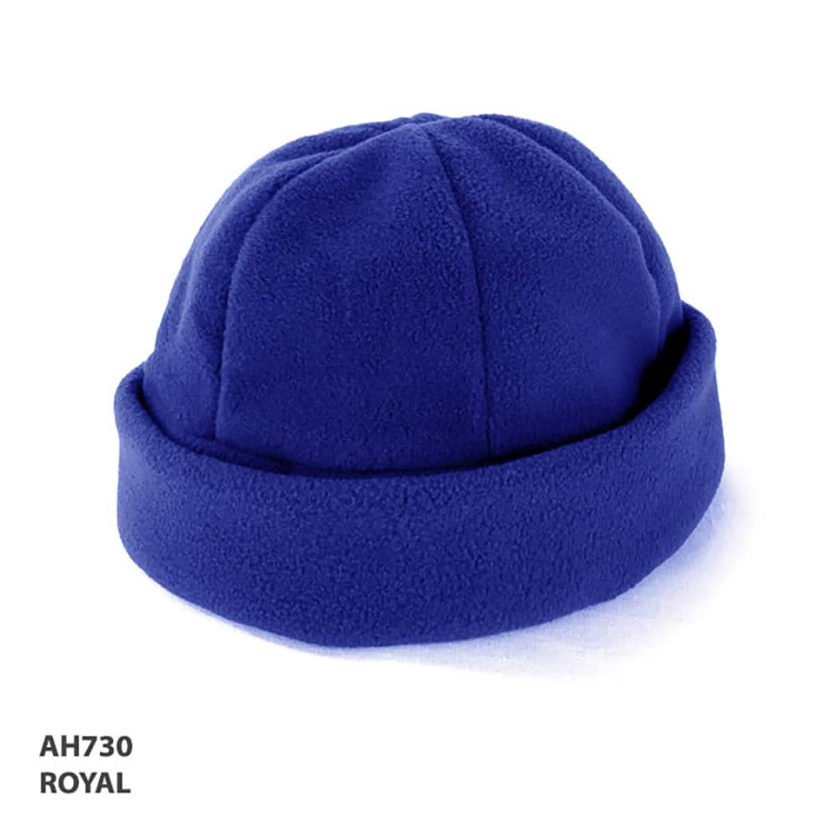 A royal blue polar fleece beanie with a folded cuff and a stitched top. It features a logo on one side.