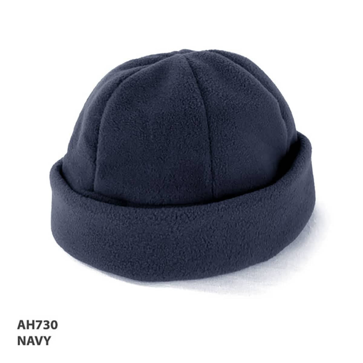 A navy polar fleece beanie with a rolled cuff, featuring a logo.