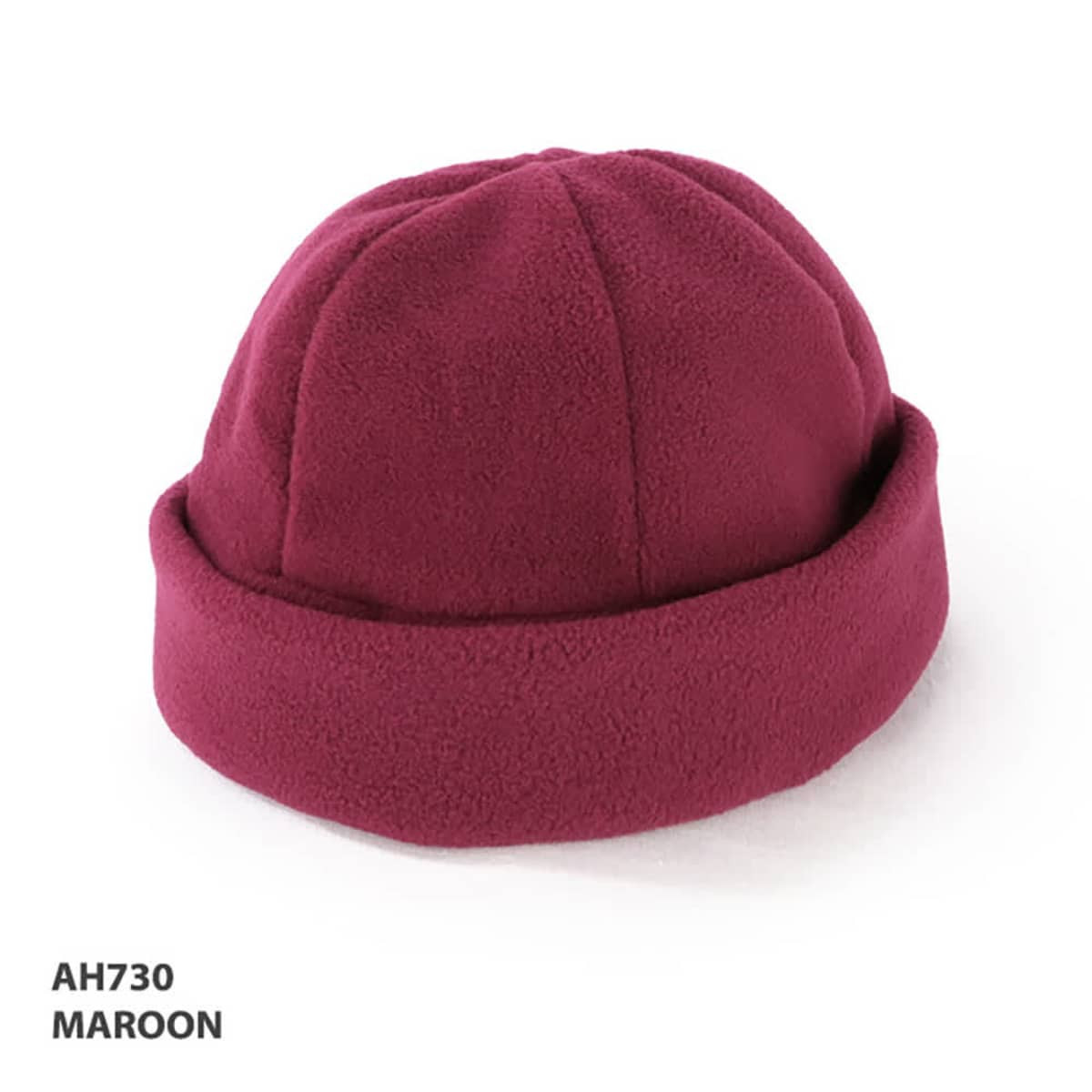 A maroon polar fleece beanie with a rolled cuff and a smooth texture. It features a logo on the side.
