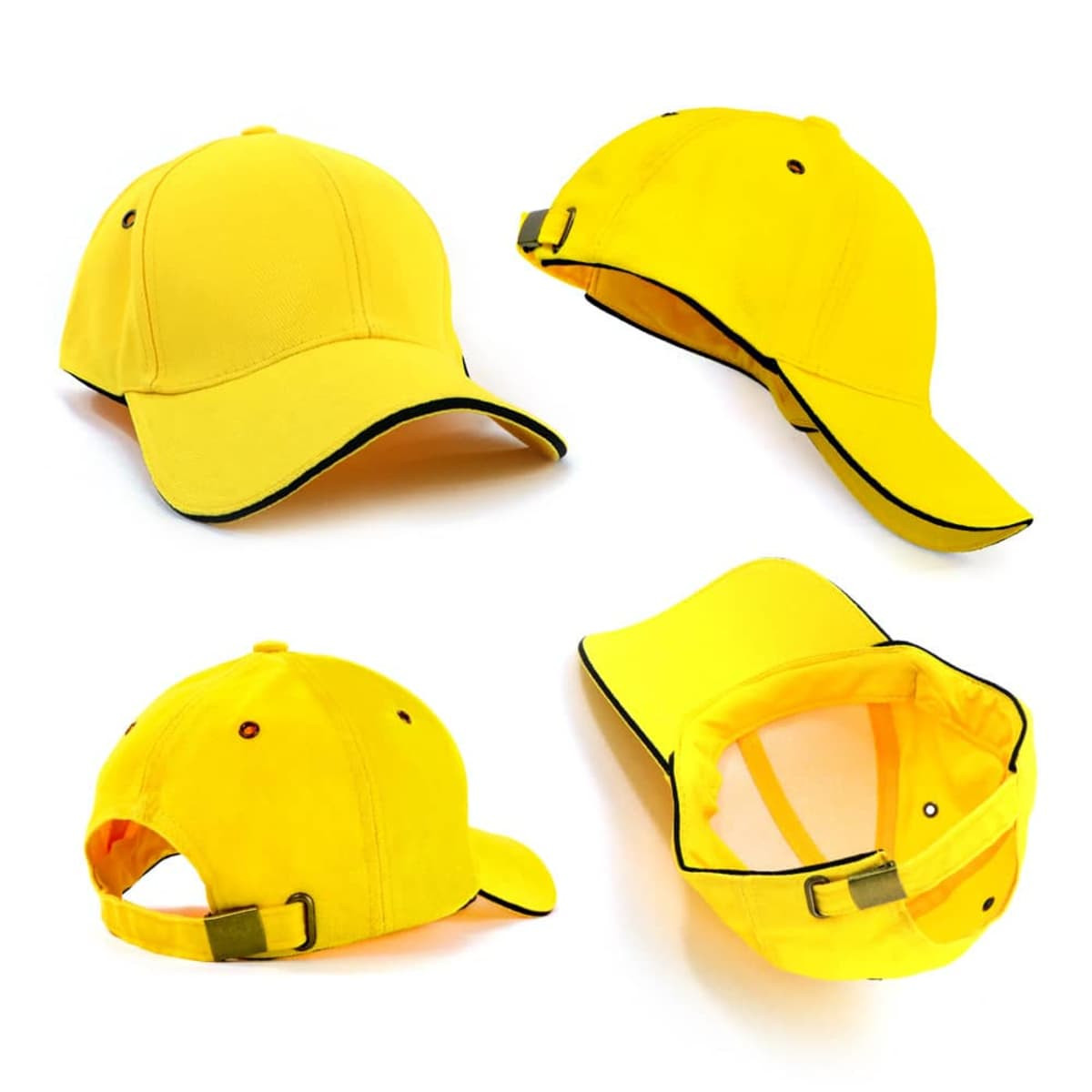 A yellow cap with surrounding black piping, featuring an adjustable strap and multiple angles displayed.