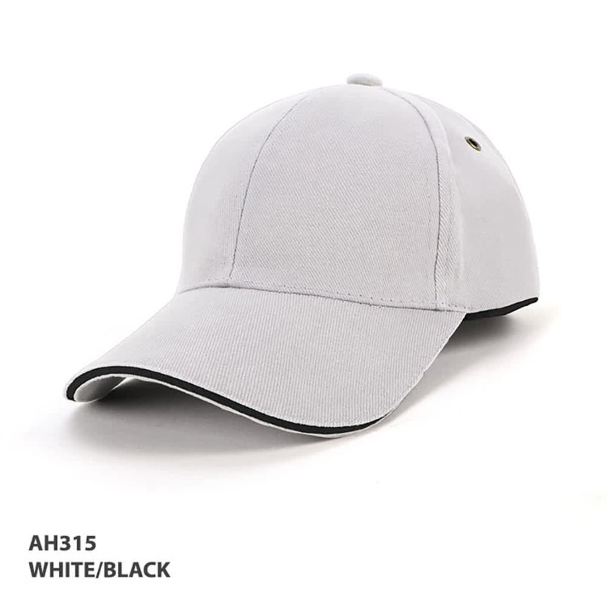 A white and black cap with surrounding piping and a logo, featuring a structured design and curved peak.