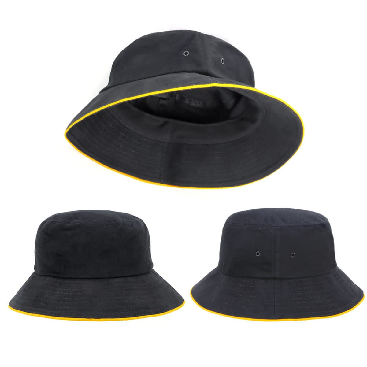A black bucket hat with a yellow trim, featuring a logo and a wide brim.