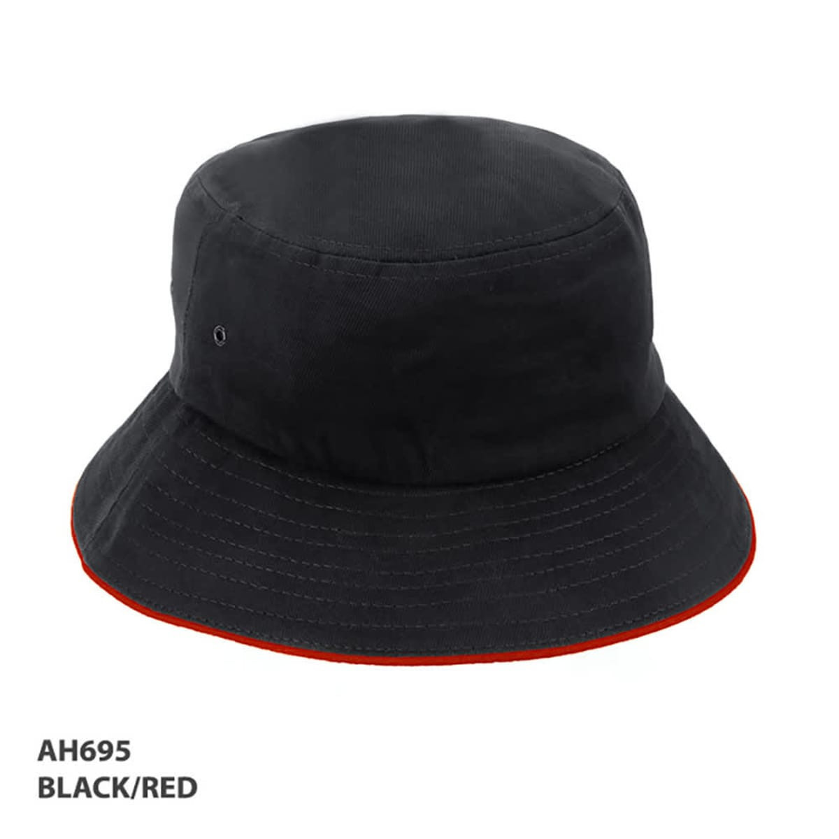 A black bucket hat with a red brim and an eyelet, featuring a logo.