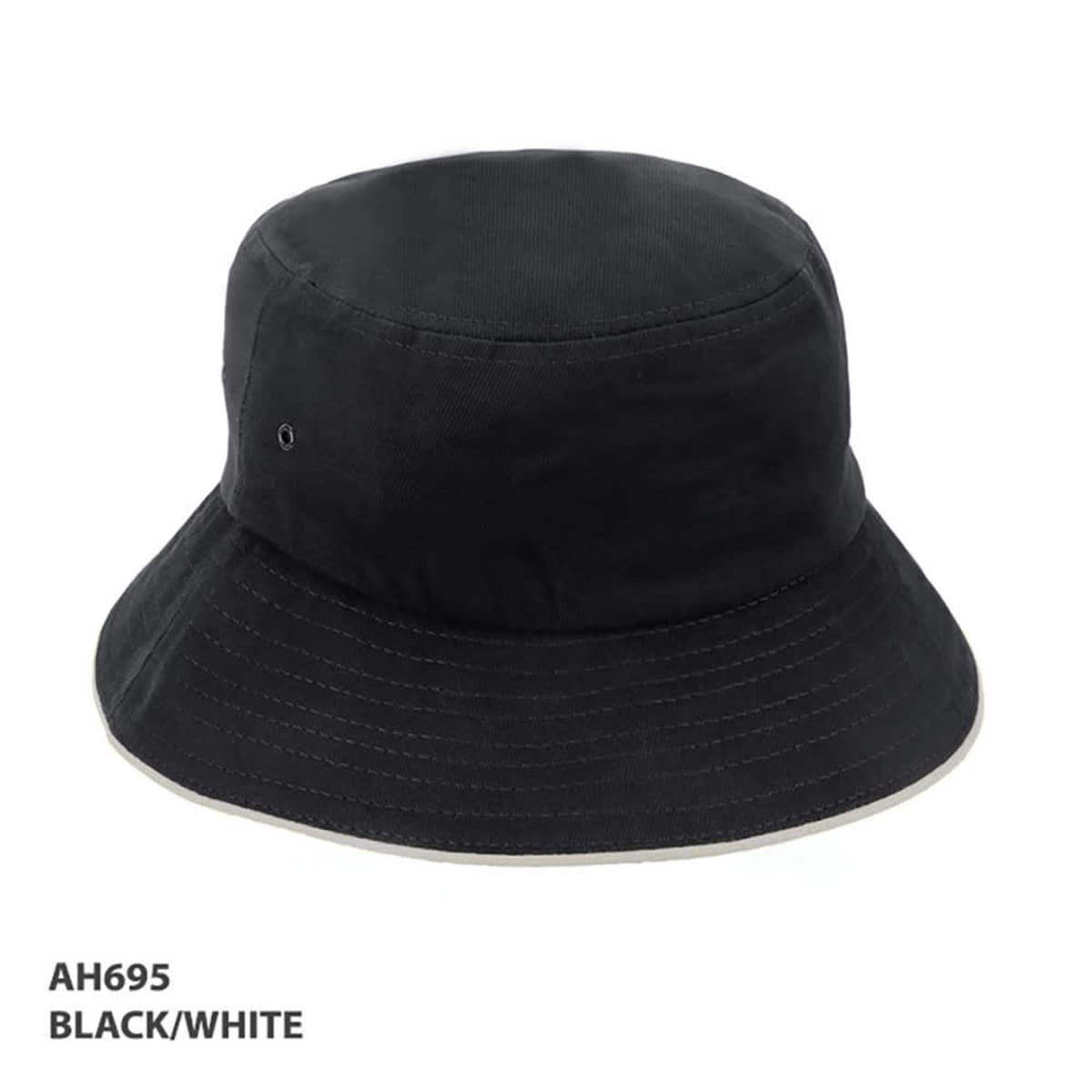 A black bucket hat with a white band at the base, featuring a logo on the side.