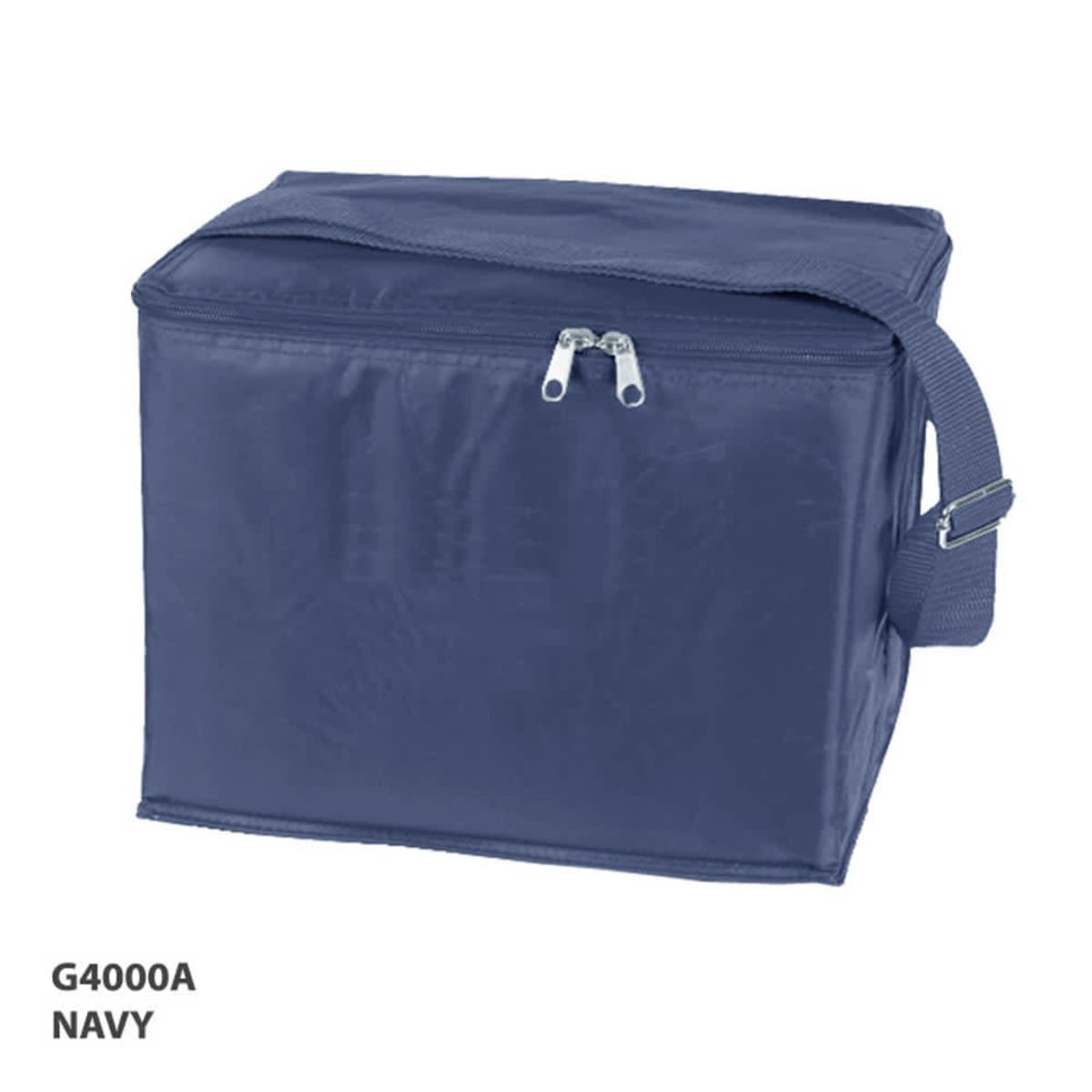 A navy cooler bag with a zippered closure and an adjustable strap, featuring a logo on the front.