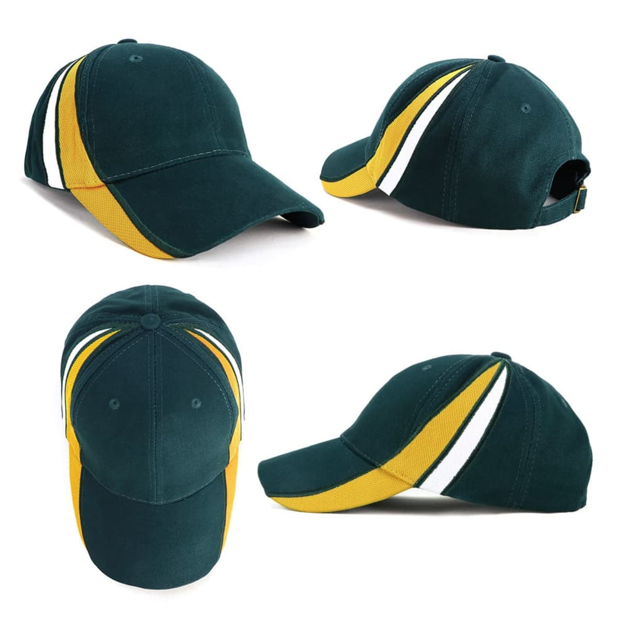 A green cap with contrast yellow and white stripes, featuring mesh side panels and a logo.