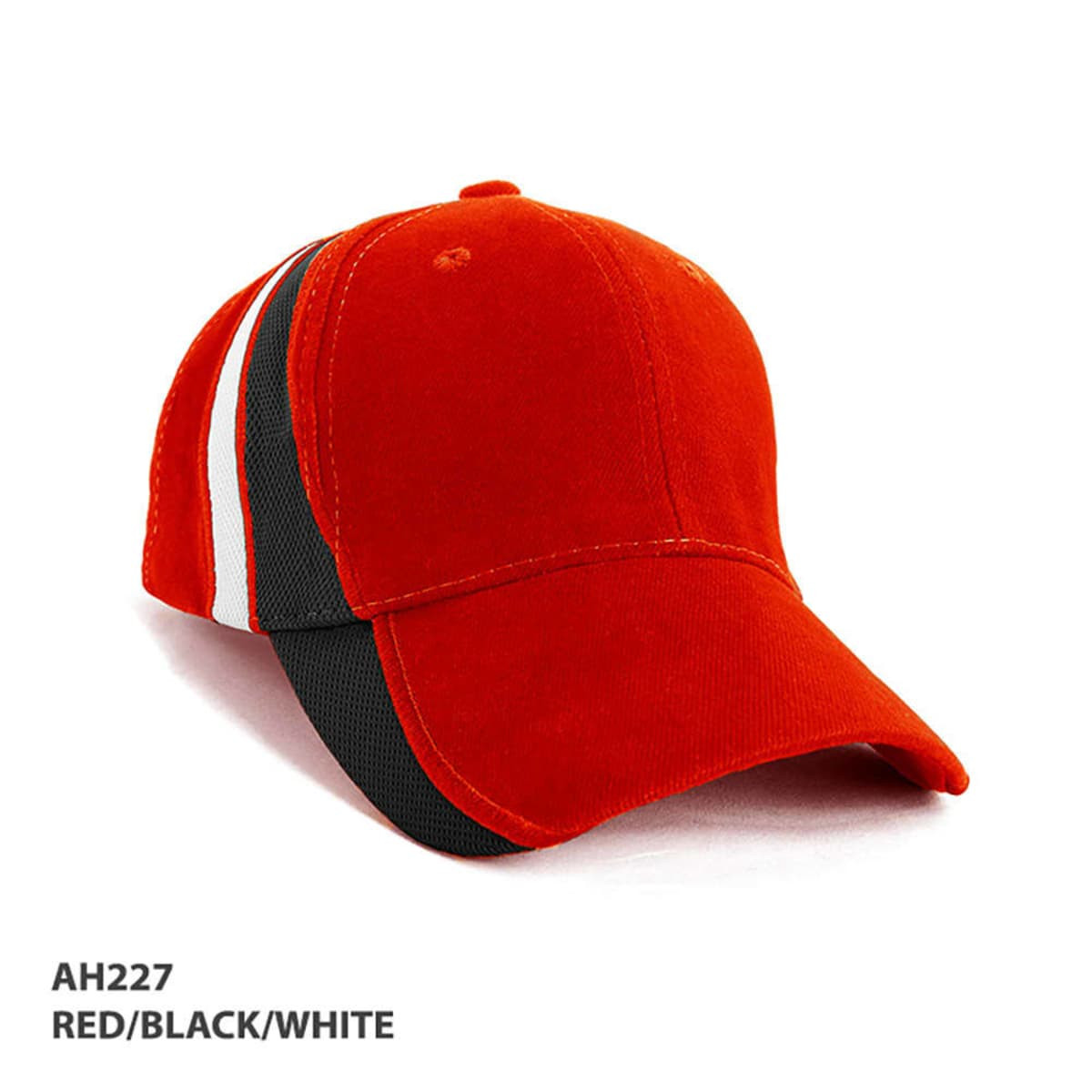 A cap with a red front and black mesh contrast sides, featuring white stripes. It has a logo on one side.