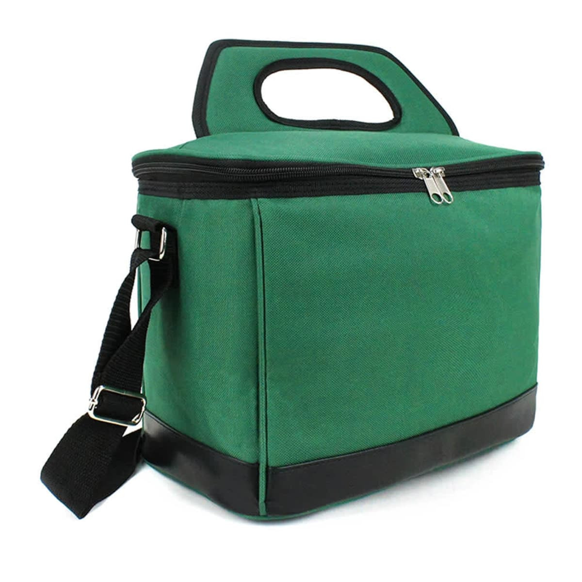 A green cooler bag with a zippered top, handle, and adjustable shoulder strap. It has a black base and a logo on the side.