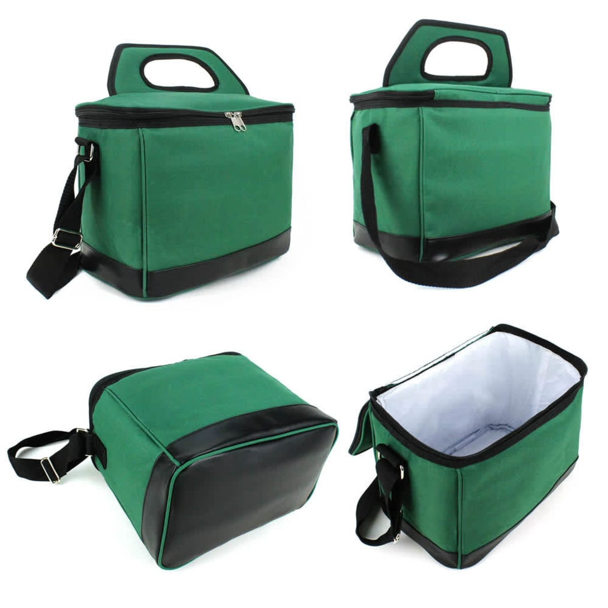 A green cooler bag with a black bottom and handle, featuring a zip closure and an adjustable strap.