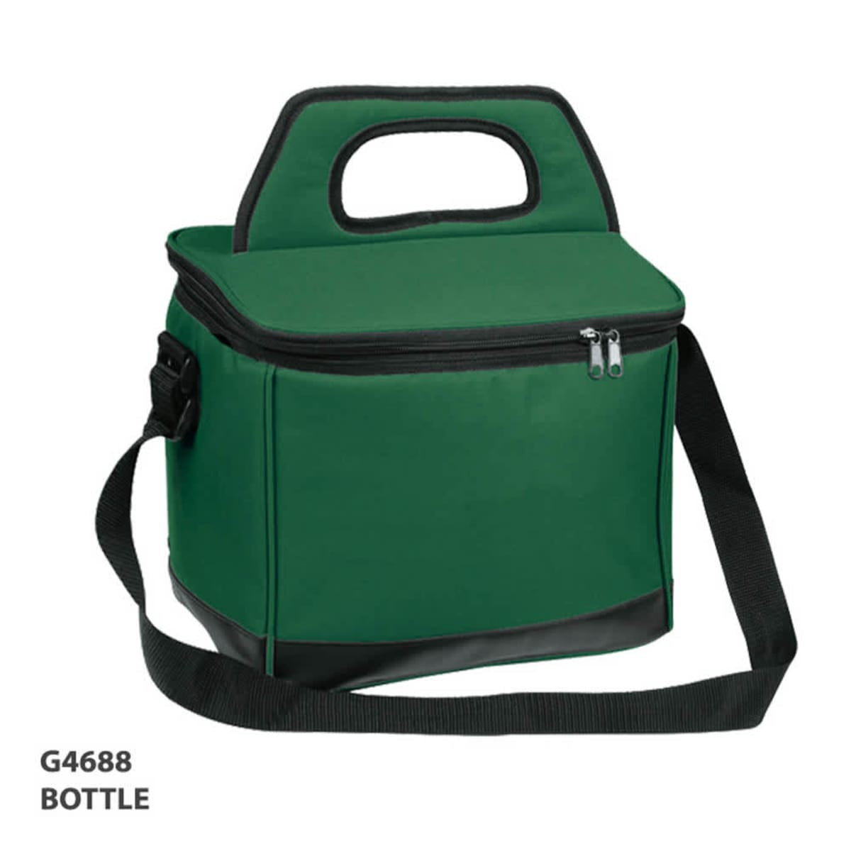 A green cooler bag with a black base, featuring a handle and a shoulder strap. It has a zippered top and a brand logo.