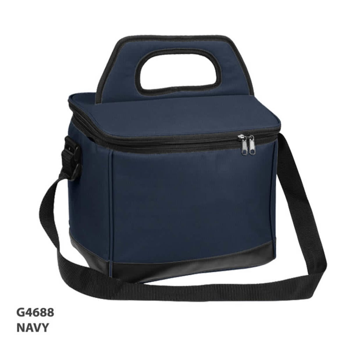 A navy cooler bag with a zippered lid, carrying handle, and shoulder strap, featuring a logo on the front.