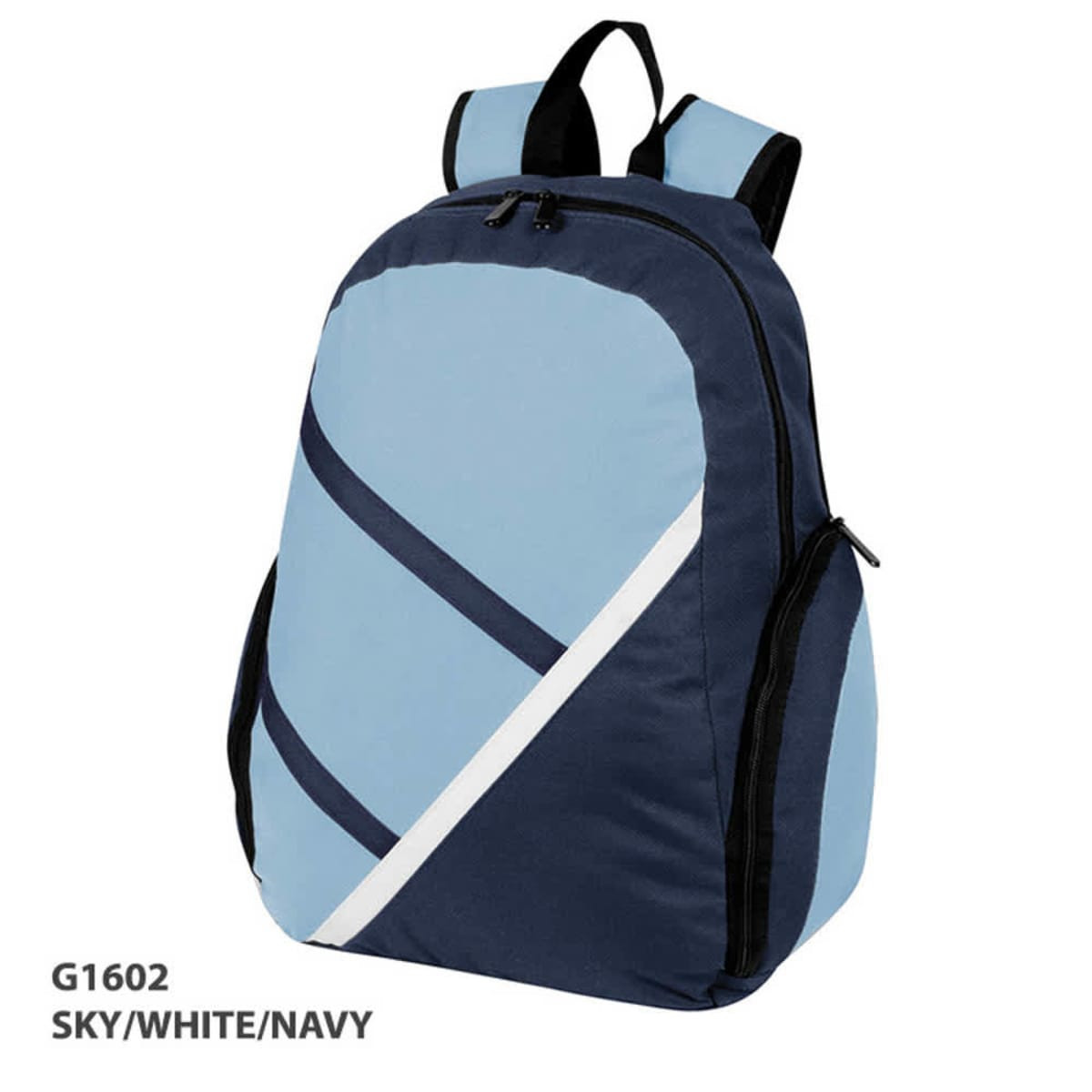 A blue, white, and navy backpack featuring a sleek design and a logo.