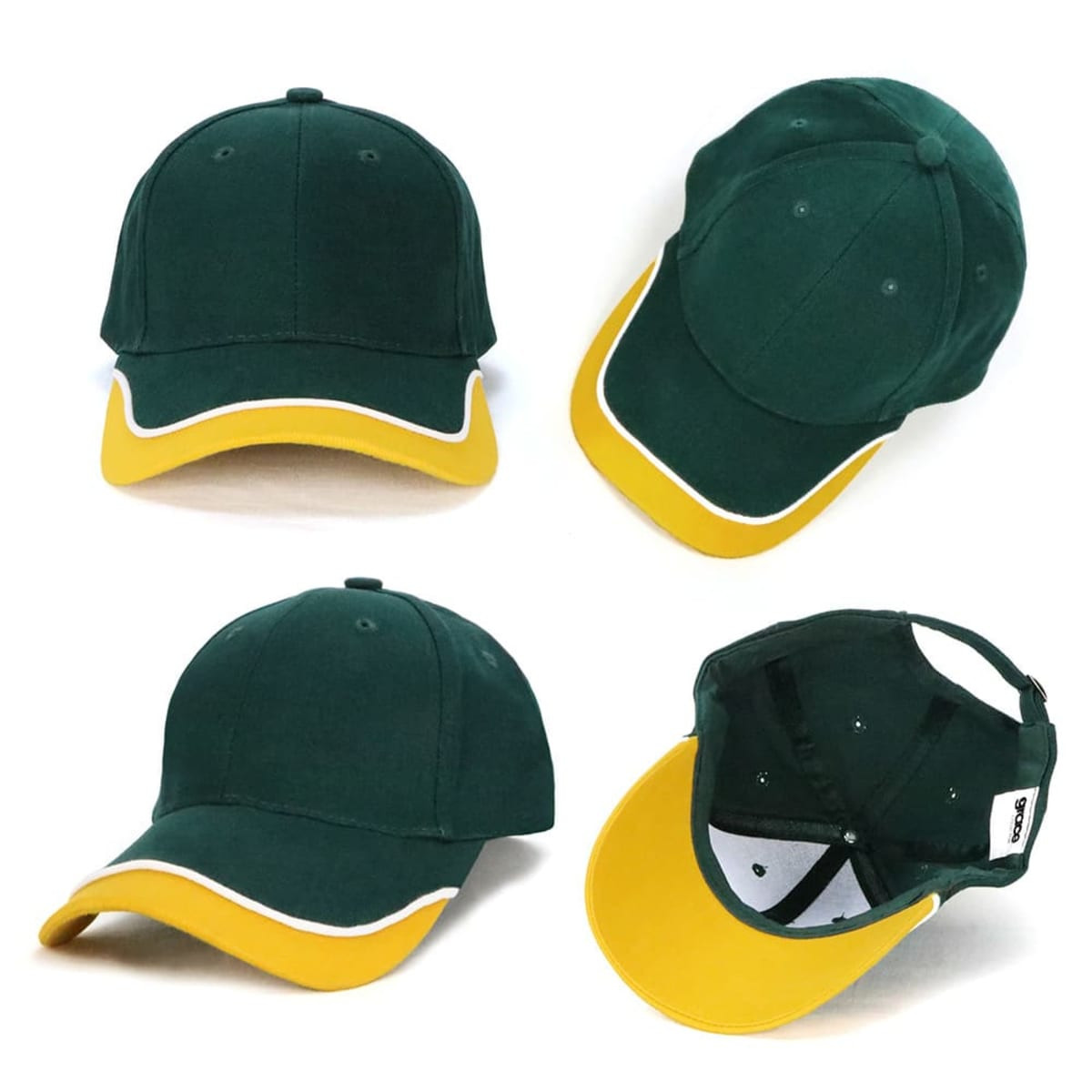 A green cap with a yellow brim and white detailing, featuring a logo on the front.